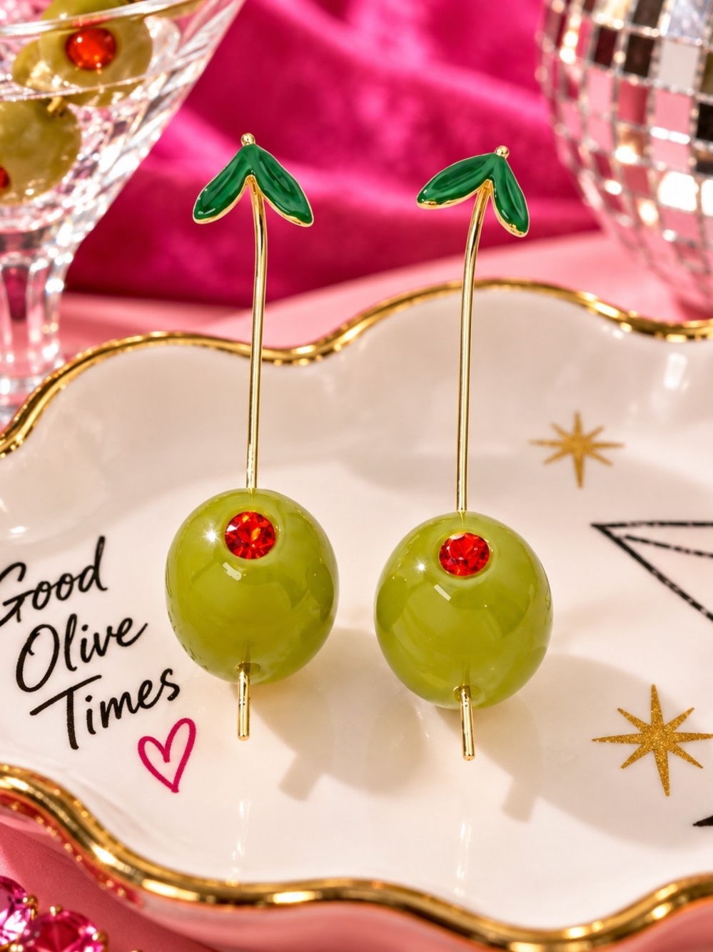 BETSEY JOHNSON "OLIVE YOU" COCKTAIL EARRINGS
